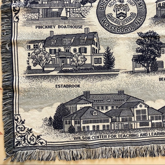 Blue Cream Academic Tapestry Blanket Fringe Woven Throw Brewster Academy - Picture 4 of 9